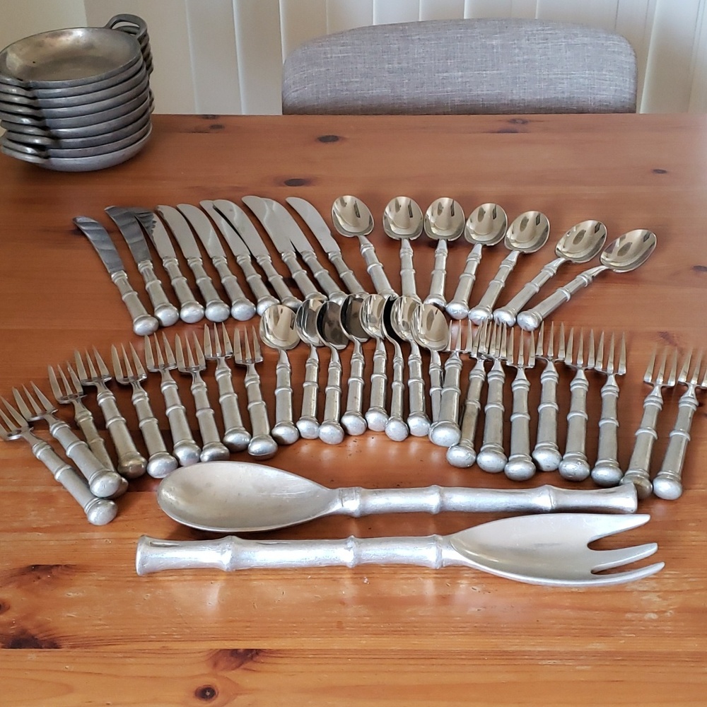 43 Kirk stieffpewter Annapolis bamboo flatware forks knives spoons + serving set